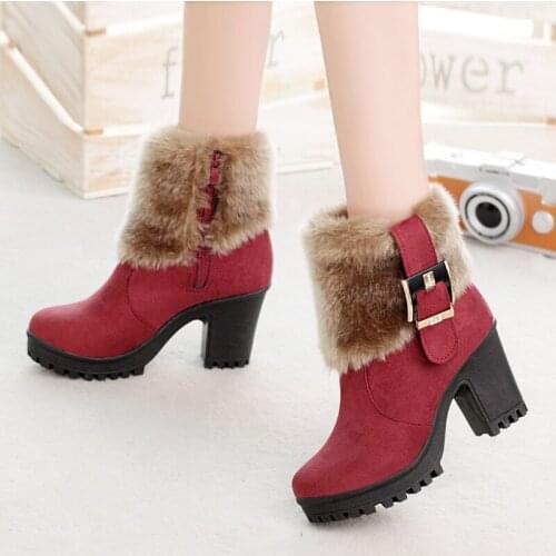 Hot Winter Women Boots Female Fashion Zipper Round Toe High Heel Ankle Boots Ladies Platform Flock Buckle Casual Boots Shoes