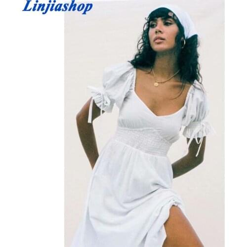 New Fashion Women Elegant White Party Dress Elastic Female Elastic Square Neck Short Sleeve A-line Midi Summer Dress 2021 Robe