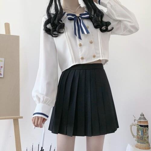 2020 Autumn Long sleeve Women blouses Preppy style Bow collar Double breasted Sweet blouses Casual female tops