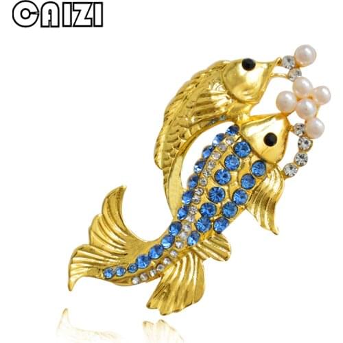 CAIZI New Crystal Fish Brooch Cute Rhinestone Animal Brooch For Women Simulated-pearl Brosh Wedding Jewelry Clothes Accessories