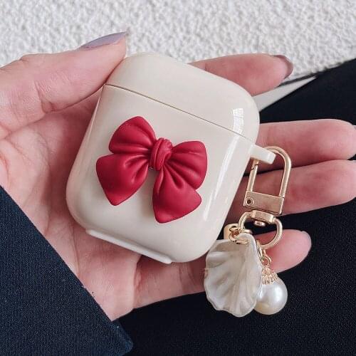 Earphone Case For Apple Airpods Pro 2 1 Cover Red Bow with Pearl Keyring Ornament Soft Silicone Cases for Air Pods 3 Coque Funda