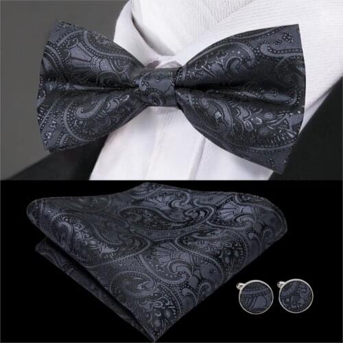 Barry.Wang Silk Bowtie for Men Black Butterfly Tie Paisley Bow Set Handkerchief Cufflinks Pre-Tied Bowtie for Wedding Business