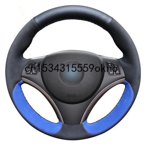 DIY Blue Leather Black Suede Car Steering Wheel Cover For BMW E90 320i 325i 330i 335i E87 120i 130i 120d