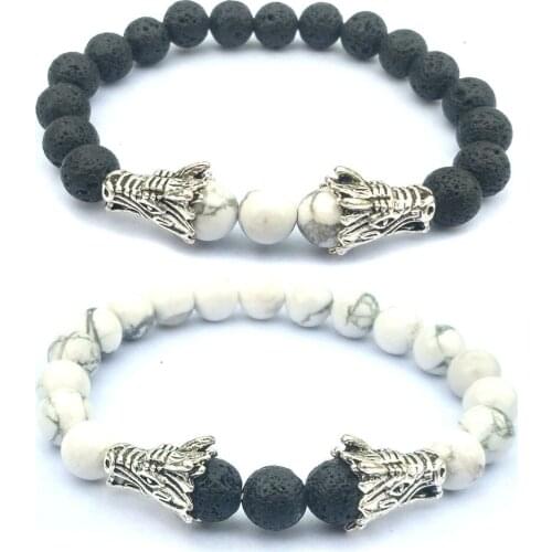 Dragon Heads 8mm Howlite Stone Bracelet Black Lava Stone Essential Oil Diffuser Bracelets Lover Couple Stretch Energy Jewelry