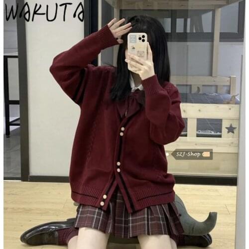 WAKUTA Red Preppy Fashion Knitted Cardigans Japanese Gilrs 2021 Elegant Solid V Neck Long Sleeve Warm School Sweater Coat 9G134