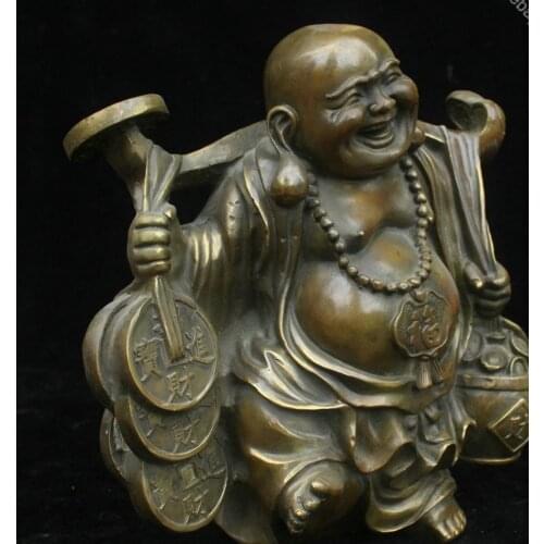 24cm Collect Chinese Old Pure Bronze Handmade Yuan Bao Maitreya Buddha Statue
