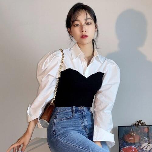 Korea Chic Summer Niche Design Lapel Contrast Color Stitching Fake Two-Piece Knitted Puff Sleeve Shirt Shirt Female