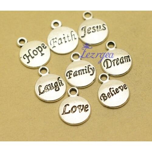80pcs--12mm Round Letter Charms, Antique silver Plated words Pendants/Charms, Metal Bracelet Necklace Jewelry Finding