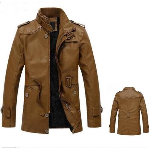 Men Warm Design Leather Jacket Men Washed Motorcycle Standing Collar X-LONG Leather Jackets Plus thick velvet locomotive Coat