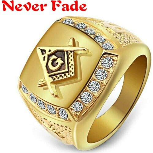 Never Fade Canner Freemason Ring Mens Masonic Ring Gold Crystal Ring Free Mason Signet Finger Jewelry Alloy AG anillo hombre