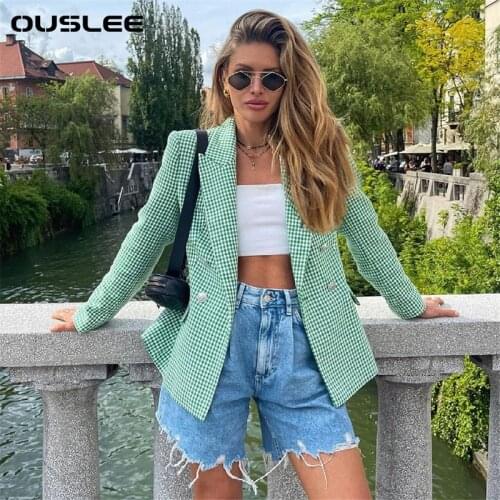 OUSLEE Women Fashion Slim New Blazer Plaid Printing Double-Breasted Long Sleeve Coat Ladies Office Blazers Casual Suit Jacket