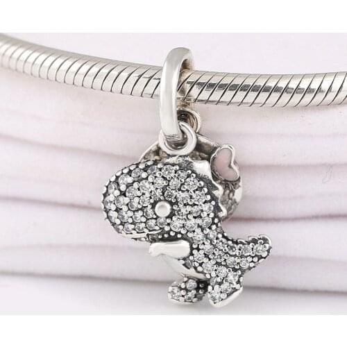 Authentic S925 Pendant Pave Dinosaur Dangle Charm fit Lady Bracelet Bangle DIYJewelry