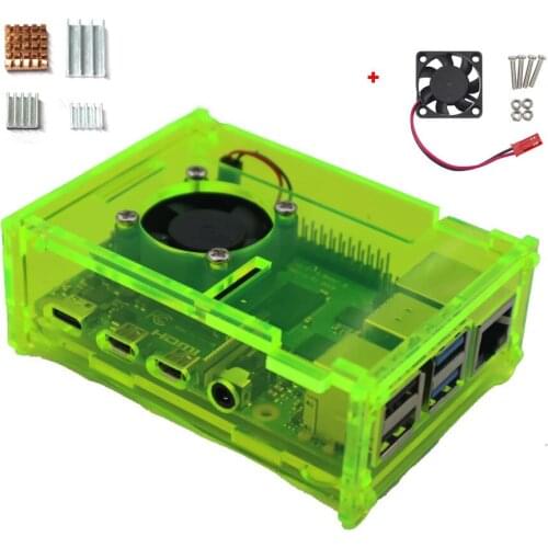 Raspberry Pi 4 Gloss Fluorescent Green Acrylic Case Enclosure Box w/ Cooling Fan and Copper Aluminum Heatsink Kit