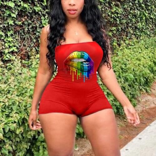 Plus Size The New 2021 Hot Womens Jumpsuit Print Lip Wrap Breasted Shorts Sexy Sleeveless Wrap Buttock Hot Nightclub Jumpsuit