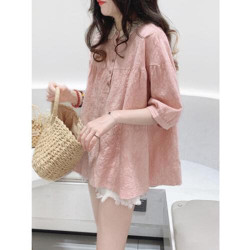 Loose Sweet Lace Collar Stitching Embroidery Solid Color Cotton Linen Peter Pan Collar Shirt Women Short Sleeves Tops Blouses