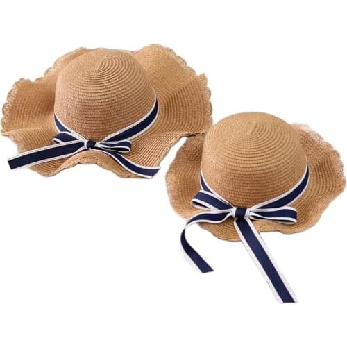 XEONGKVI Europe America Falbala Bowknot Parent-child Sun Hats Summer Beach Straw Hat For Women Girl Wide Brim Cap