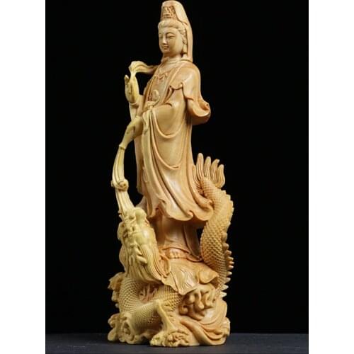 Boxwood 16cm Guanyin Sculpture Wood Carving Buddha Statue Worship Guan Yin with Dragon Home Decor