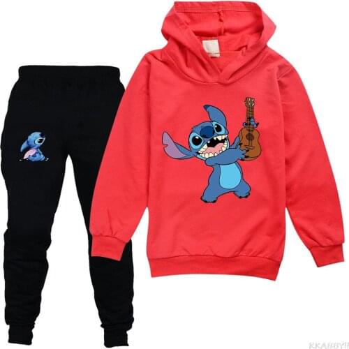 Stitch spring boys girls set Full Sleeve Hoodied Sweatshirt Pockets Pants Suit Two Piece Set Outfits sweatsuit