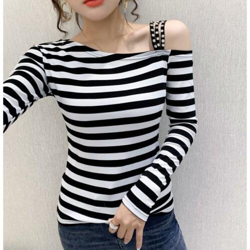 Spring Striped Top Sexy Off Shoulder T Shirt Women 2021Diamond T-Shirt Korean Woman Clothes Slim Tshirt Female Long Sleeve Autum