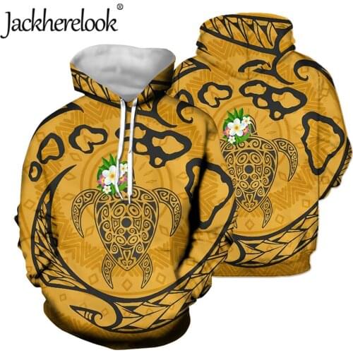 Jackherelook Vintage Polynesian Tribal Turtle Floral Print Front Pockets Hoodie Couples Oversize Tops Women Pullover Sweatshirts