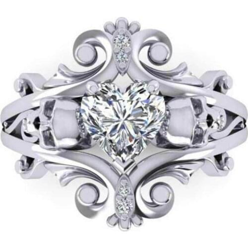 Vintage Heart White Zircon Stone Skull Wedding Rings for Women Men Fashion Jewelry Mens Punk CZ Skeleton Ring Party Gifts