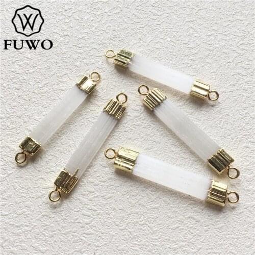FUWO Trendy Women Natural Selenite Connector Pendant Genuine Gold Electroplated Selenite Quartz Stone Charm Jewelry PD290