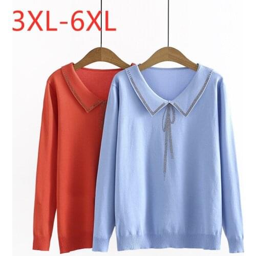 New Ladies Autumn Winter Plus Size Knit Shirt For Women Large Long Sleeve Slim Elastic Blue Pullover Sweater 3XL 4XL 5XL 6XL