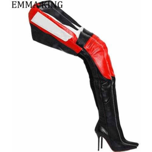 2021 Spring Autumn Women Boots Black And Red Motorcycle Boots Pointy Toe Over the Knee Boots Sexy Thigh-High Boots Big Size 44