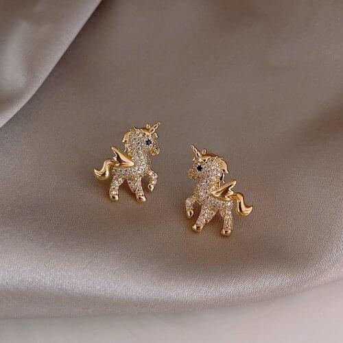 2020 Cute Unicorn Stud Earrings for Women Fairy Animal Gold Cubic Zirconia Earrings Girls Birthday Party Gift Jewelry Pendientes
