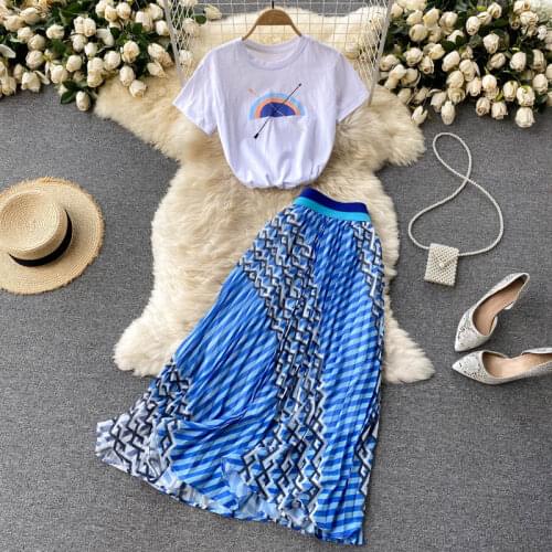 Summer New Fashion Temperament Suit Womens Short-sleeved T-shirt Womens All-match Pleated Skirt Two-piece Suit GL593