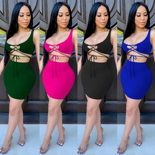 Zoctuo Solid Sexy Women Two Pieces Set Lace Up Crop Top Bodycon Mini Skirts Set Tracksuit 2020 Summer Deep V Club 2 Piece Set