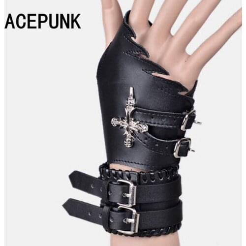 2020 New Fashion Cool Man Punk Bracelet Gloves Set Night Club Bracer Set Leather Cross Bracelet Men Buckle Pulseira Masculina