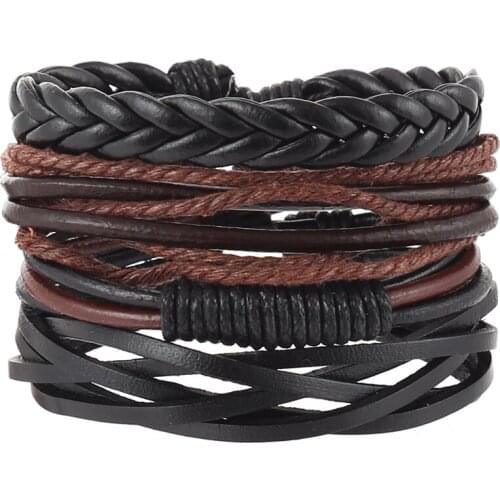 4pcs/set hippie punk black leather brown cord rope macrame knots wrap wide stackable Bracelets Bangles for man hand jewelry