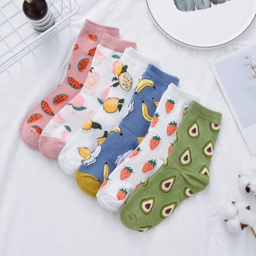 6Pairs Fresh Fruit Happy Cotton Mid Crew Socks Lemon Banana Strawberry Watermelon Avocado Peach Juice Low Fat Healthy Girl Women