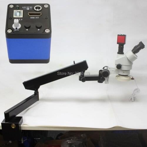 Continuous Zoom Binocular Visual 7X-90X Trinocular Clamp Arm Microscope Long Arm Boom Desk Stand+1080P HDMI USB Camera+LED Light