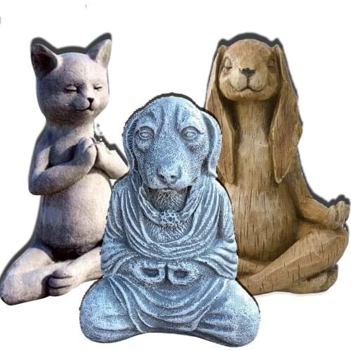 Meditating Zen Animal Sculpture Buddhism Yoga Gesture Cat Dog Rabbit Statue Bonsai Fountain Ornament Casual Parlor Garden Decor
