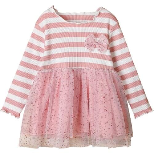 One-piece Dress Kid Girl Long Sleeve Round Neck Falbala Bow Elastic Bubble Stripe Mesh Splicing Pink Tutu Dress Princess Dress