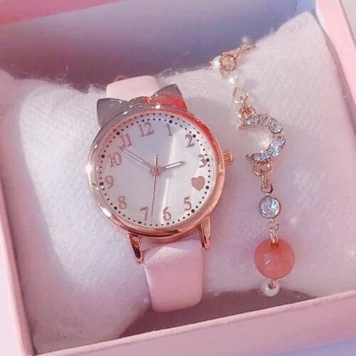 Casual Women Watches Cute Cat Ear Lady Bracelet Watch Fashion Leather Band Quartz Wristwatch Clock Montre Femme Relogio Feminino