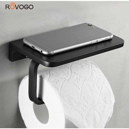 ROVOGO Toilet Paper Holder with Shelf Matte Black, Bathroom Accessories Decor Paper Roll Holder Plus Cell Phone Wall Storage