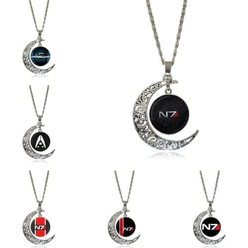 EJ Glaze For Girls Gifts Mass Effect Inspired N7 Design Fashion Glass Crescent Moon Women Necklace Pendants