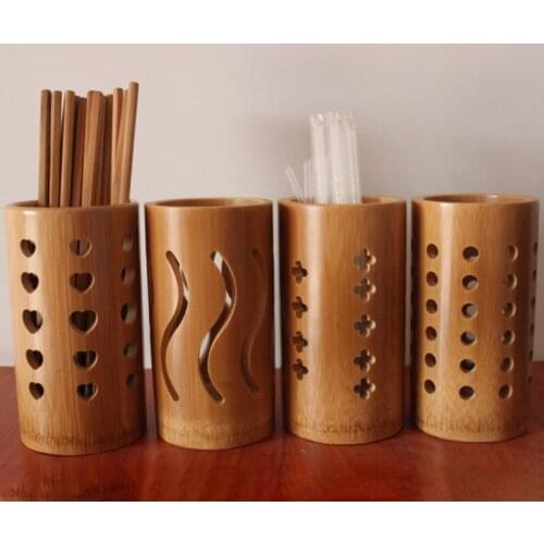 Kitchen Utensil Storage Bucket Round Hollow Grid Bamboo Containers Kitchen Storage Container Chopsticks Storage Box