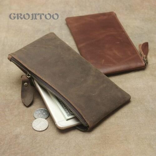 GROJITOO Minimalist mad horse leather mens wallet geniune leather mobile phone bag long ultra thin womens Leather Wallet