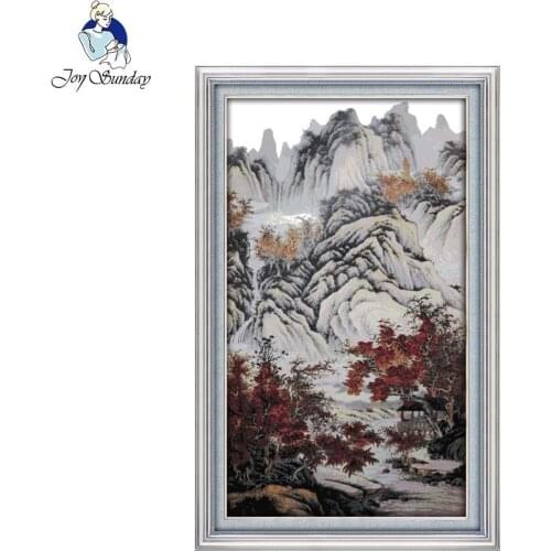 Joy Sunday Needlework DIY Landscape Cross Stitch Sets for Embroidery Kit Autumn Mountains and Red Trees Cross-Stitching Decor
