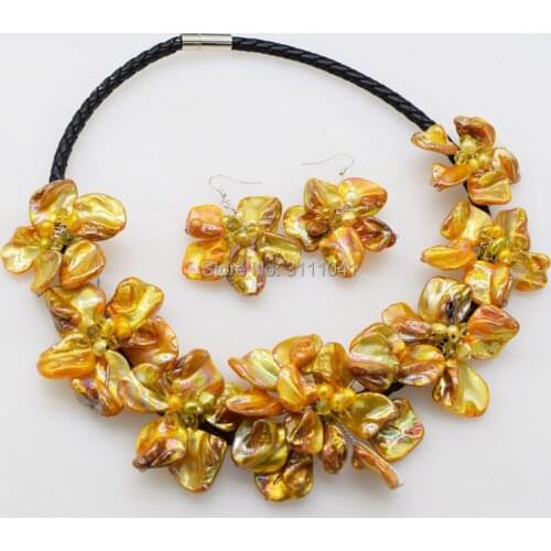 One set freshwater pearl yellow shell baroque flower necklace earrings 18inch FPPJ wholesale beads nature