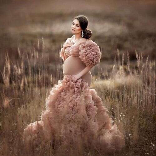 Maternity Dresses Elegant Extra Puffy Tulle Sleeves Sexy Mermaid Long Champagne Tiered Prom Gowns