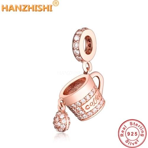 Fashion 925 Sterling Silver Rose Color Coffee Cup Heart Beads Charms Fit Original Pandora Charm Bracelet Jewelry Making Berloque