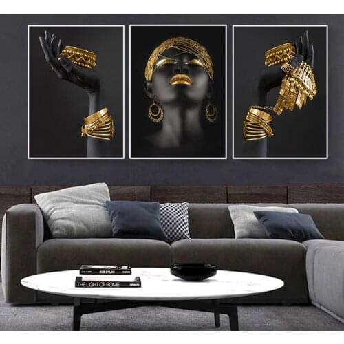 Modern African Women Art Wall Poster Black Girl Holding Gold Jewelry Canvas Painting Living Room Home Decoration Cuadros Cuadro