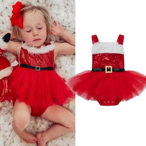 FOCUSNORM 0-18M Toddler Baby Girls Christmas Cute Rompers Sequined Patchwork Sleeveless Fur Backless Lace Jumpsuits