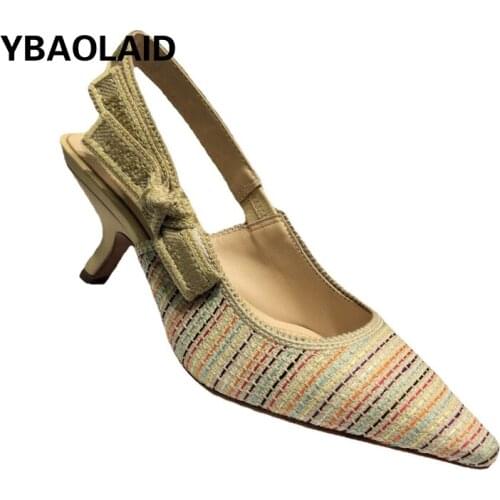 Spring and Summer New Pointed Embroidered Jacquard Bow Stiletto Sandals 2021 Fashion Baotou Word with Back Empty Sandals