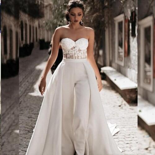Sexy Sweetheart Jumpsuit Wedding Dress Appliques Lace Strapless Pants Suit Long Train Bridal Gowns Reception Party Dresses